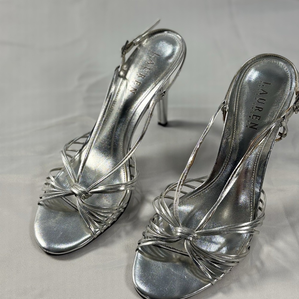 Lauren Ralph Lauren Silver Metallic Slingback Pumps Stiletto Heels Sandals 9B